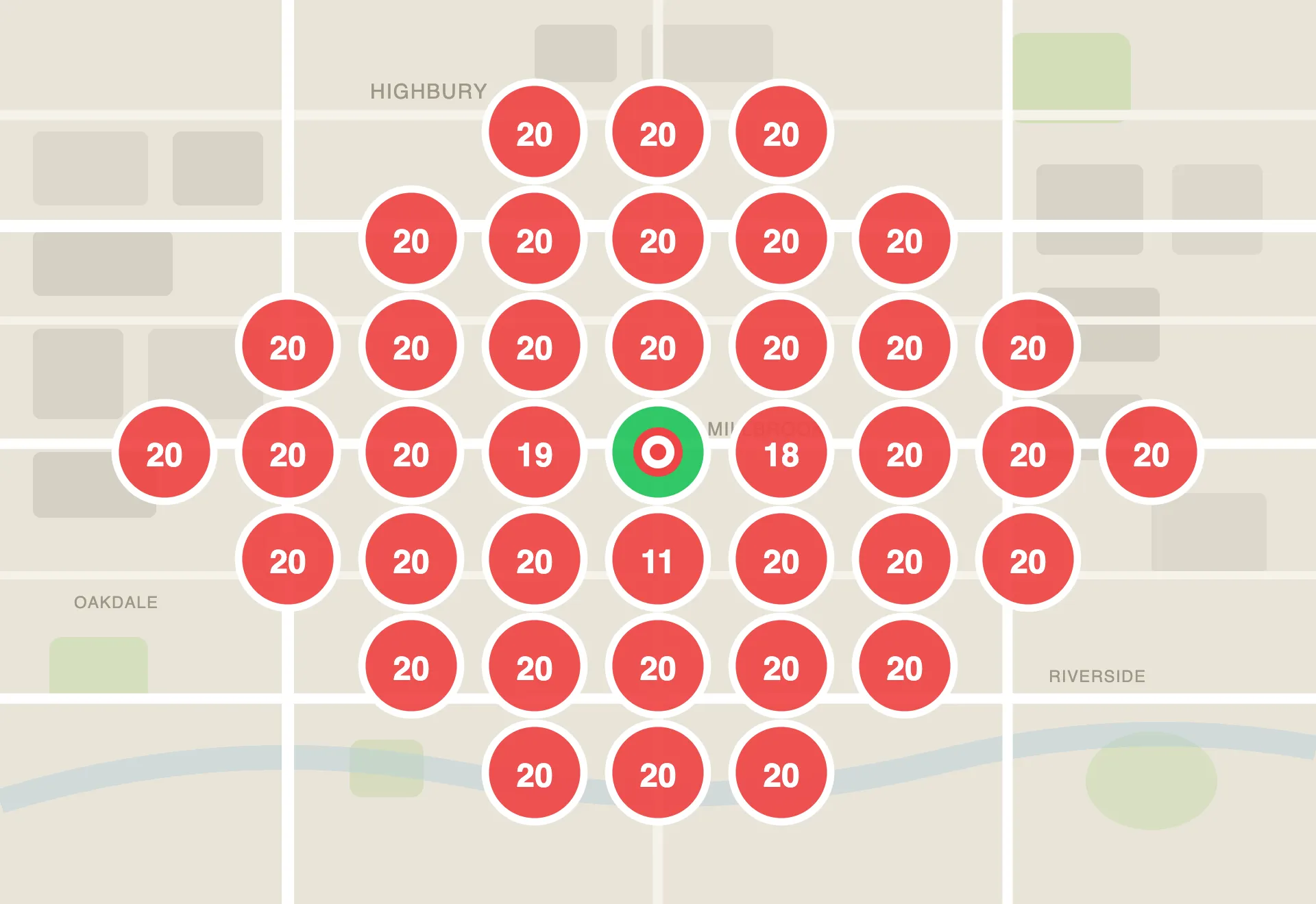 Mapa pozycji w Google przed współpracą: firma niewidoczna, pozycje 11-20